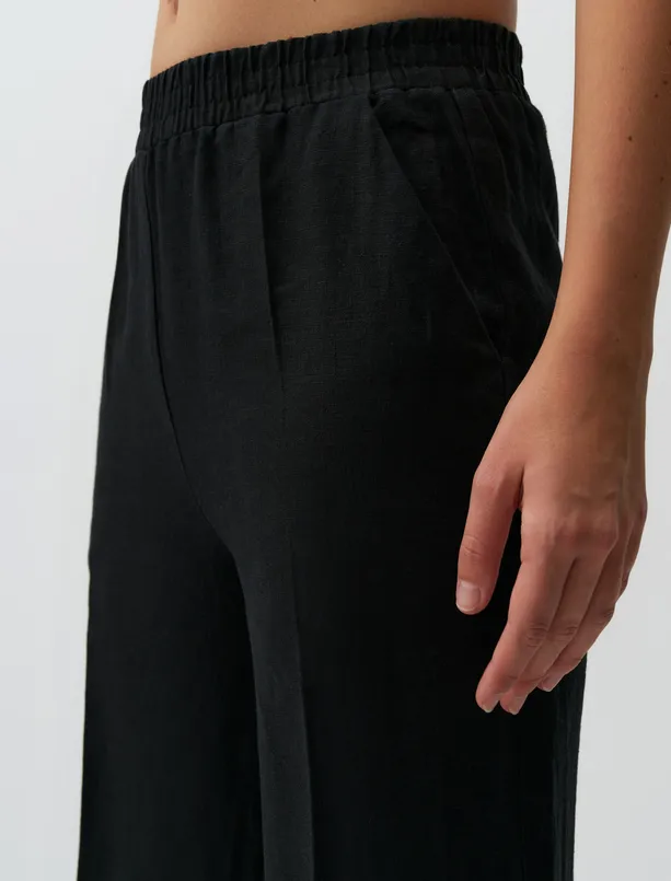 Bayan SİYAH-900 Yüksek Bel Bol Paça Düz Keten Pantolon