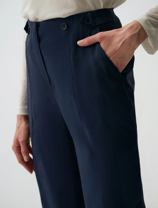 Bayan Lacivert Yüksek Bel Düğme Detaylı Pantolon