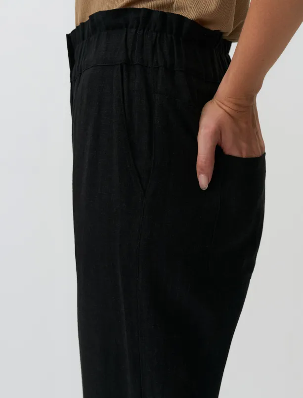 Bayan SİYAH-900 Yüksek Bel Beli Lastikli Keten Pantolon