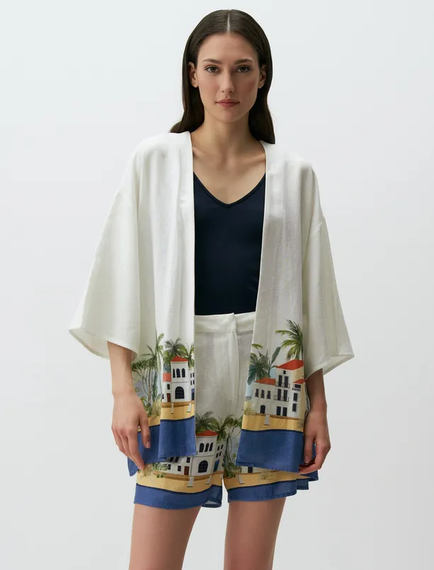Bayan Beyaz Truvakar Kol Desenli Keten Kimono