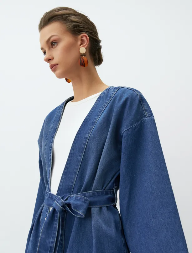 Bayan Mavi Uzun Kollu Kuşaklı Denim Kimono
