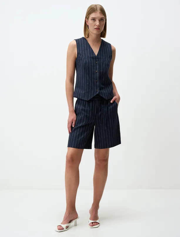 Women Dark Blue High Waist Belted Striped Linen Shorts