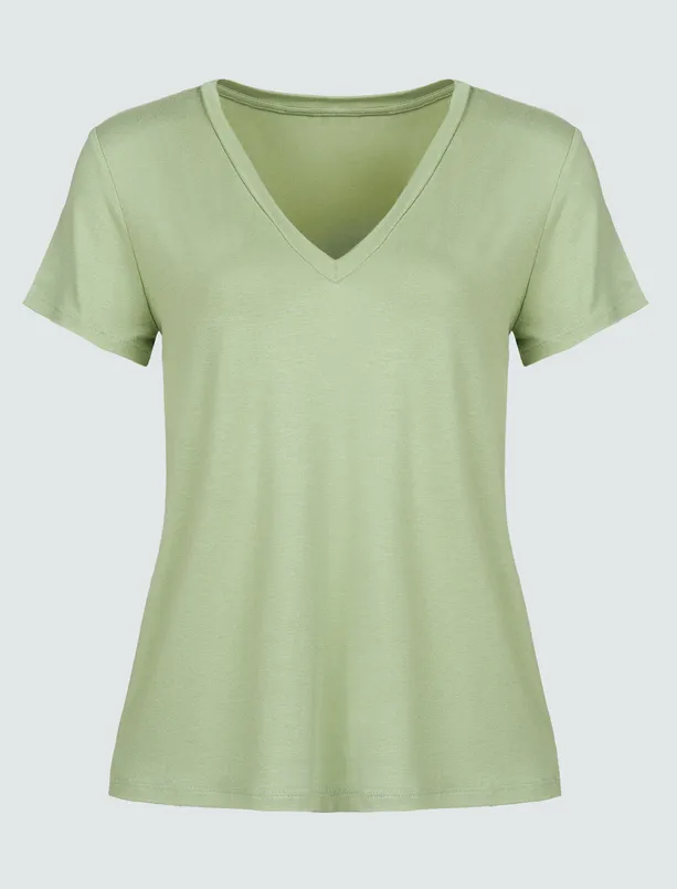 Bayan Yeşil Basic V Yaka Kısa Kollu Tişört