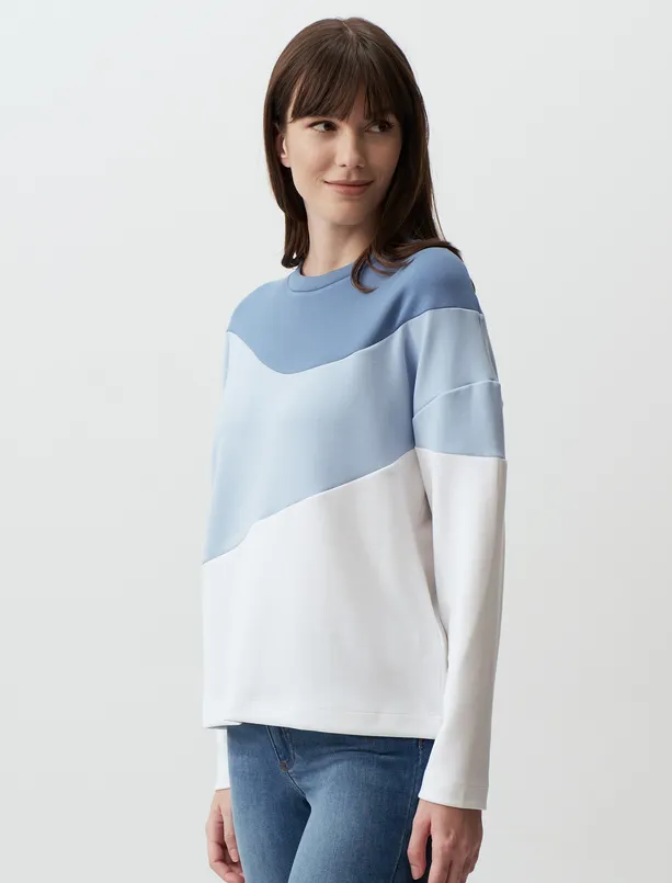 Bayan Mavi Uzun Kollu Renk Bloklu Sweatshirt