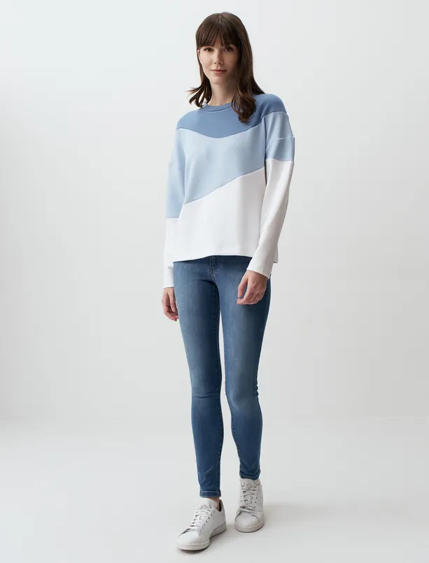 Bayan Mavi Uzun Kollu Renk Bloklu Sweatshirt