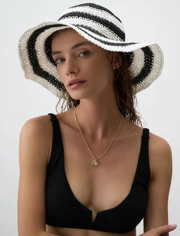 Bayan Karışık Çizgili Yazlık Hasır Şapka