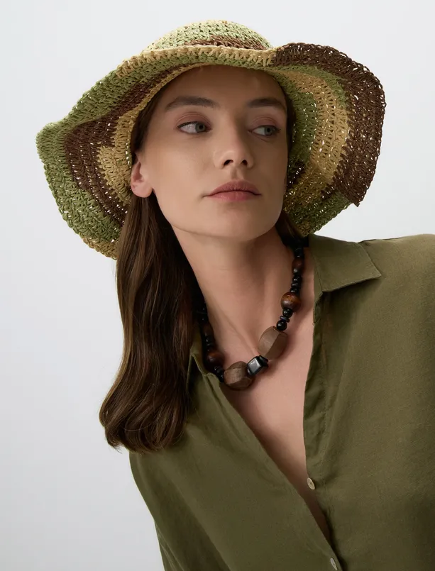 Bayan Karışık Etnik Desenli Hasır Şapka