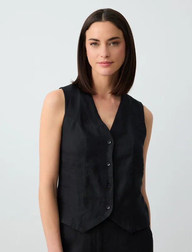 Women Black V-neck Sleeveless Plain Linen Vest