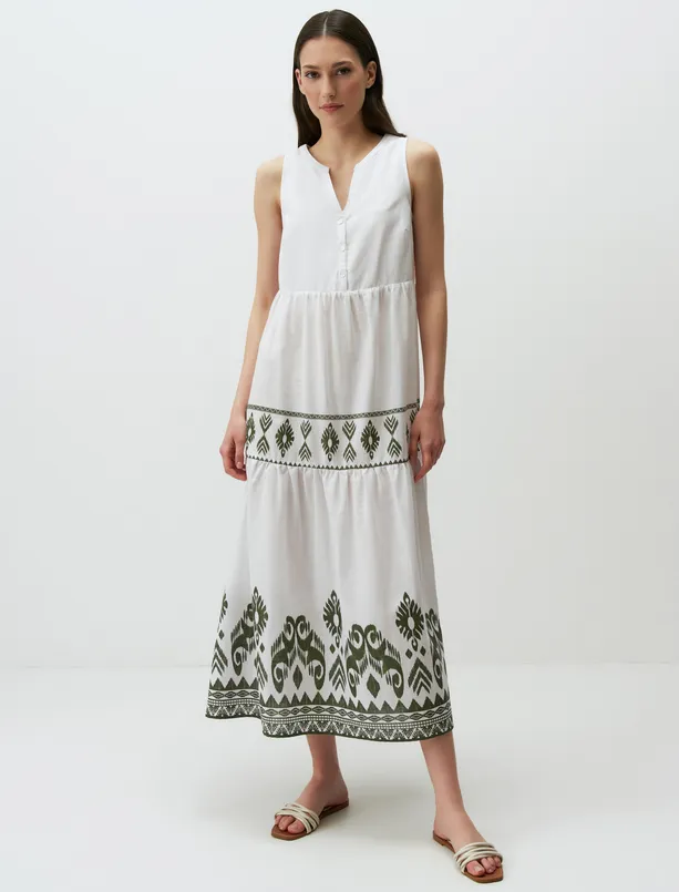 Bayan Beyaz Kolsuz Etnik Desenli Pamuklu Maxi Elbise