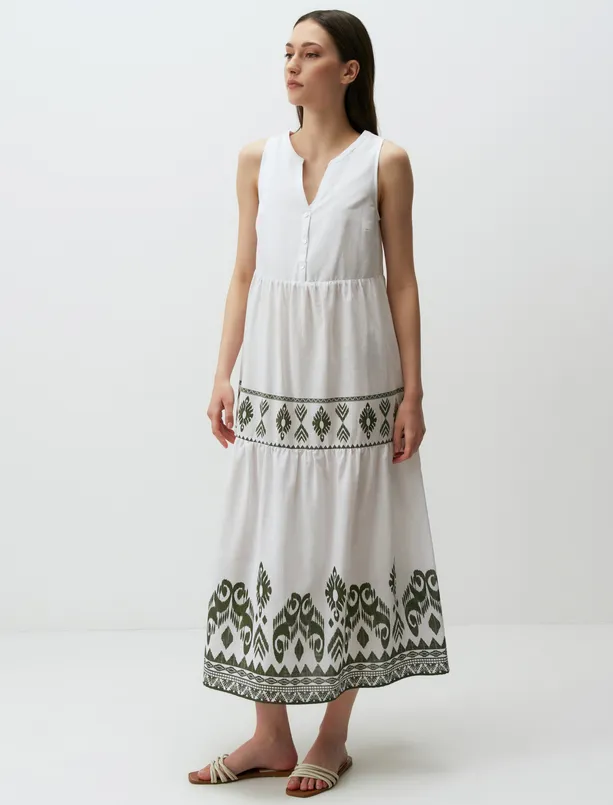 Bayan Beyaz Kolsuz Etnik Desenli Maxi Elbise