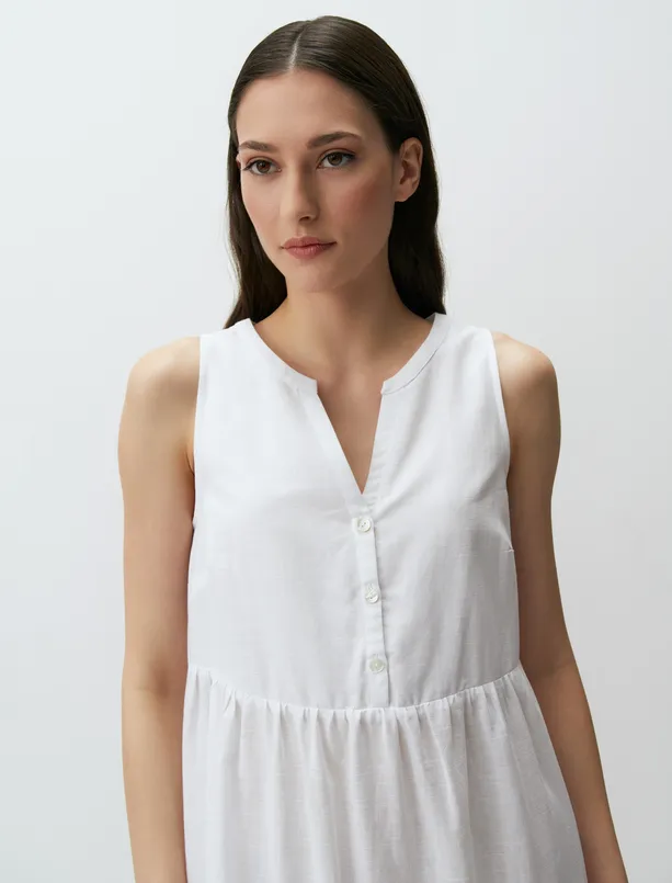 Bayan Beyaz Kolsuz Etnik Desenli Maxi Elbise
