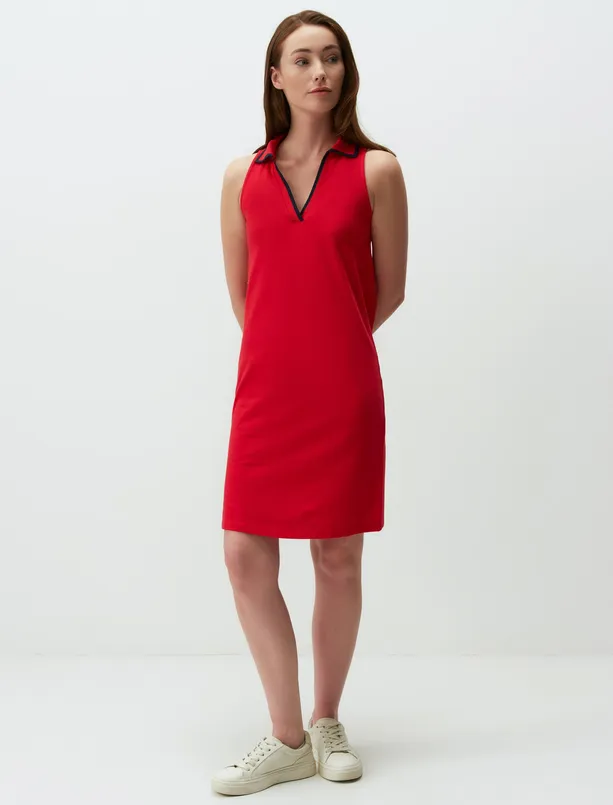 Bayan Kırmızı Pike Kumaş Kolsuz V Yaka Mini Elbise