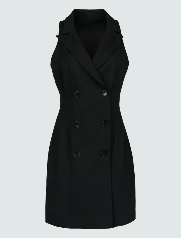 Bayan Siyah Kruvaze Yaka Kolsuz Mini Elbise