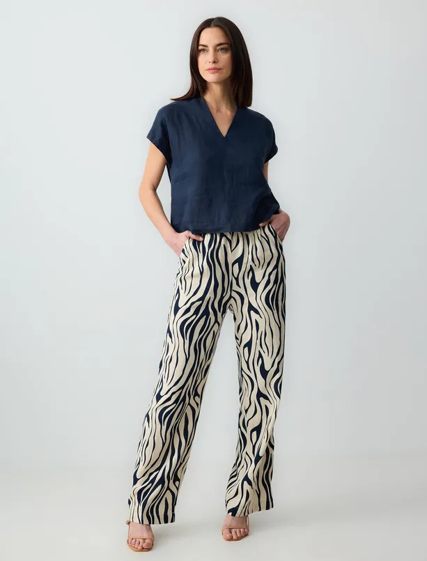 Women Dark Blue High Waist Relaxed Fit Patterned Linen Pants