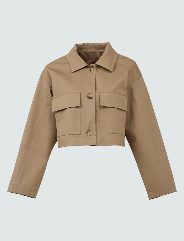 Women  Straight Cut Shirt Collar Long Sleeve Gabardine Jacket