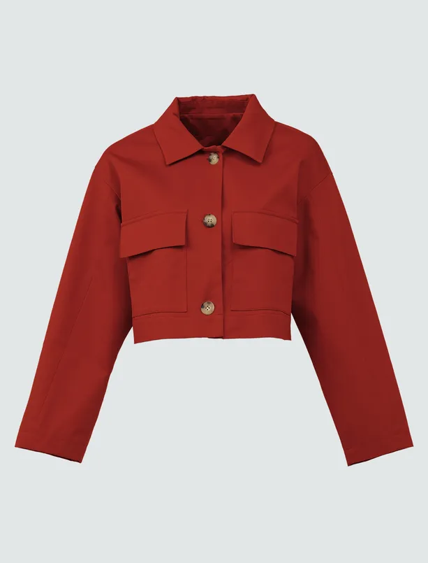 Women  Straight Cut Shirt Collar Long Sleeve Gabardine Jacket