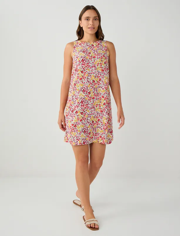 Women White Crew Neck Sleeveless Floral Patterned Mini Dress