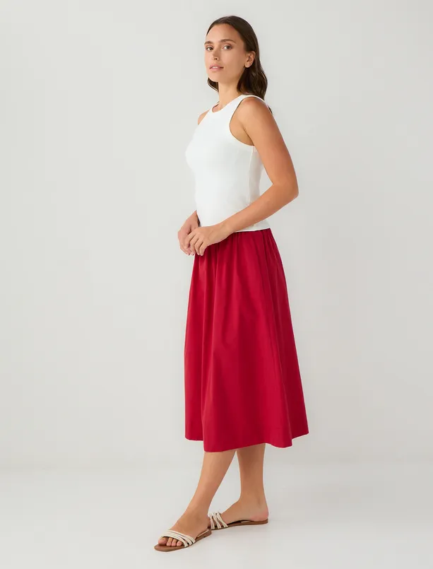 Women Red 100% Cotton Normal Waist Woven Midi Skirt