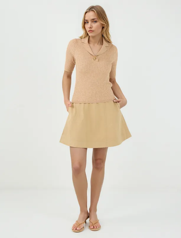 Bayan  Düz Kesim Normal Bel Gabardin Mini Etek