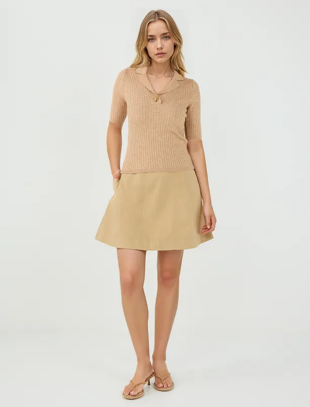 Women Beige Melange Slim Fit Shirt Collar Elbow Sleeve Sweater Sweater