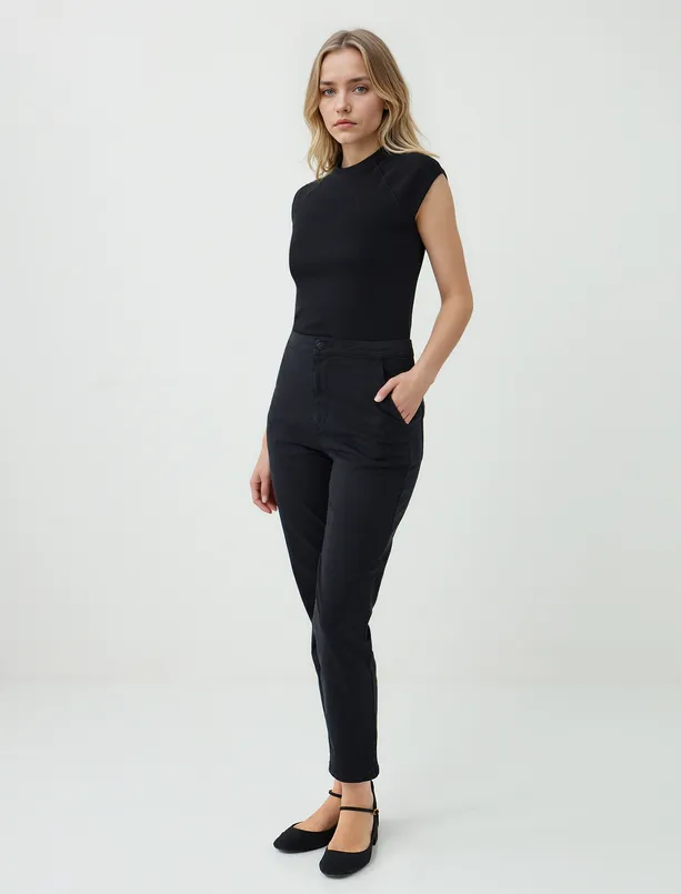 Women Black Regular Waist Regular Leg Gabardine Pants