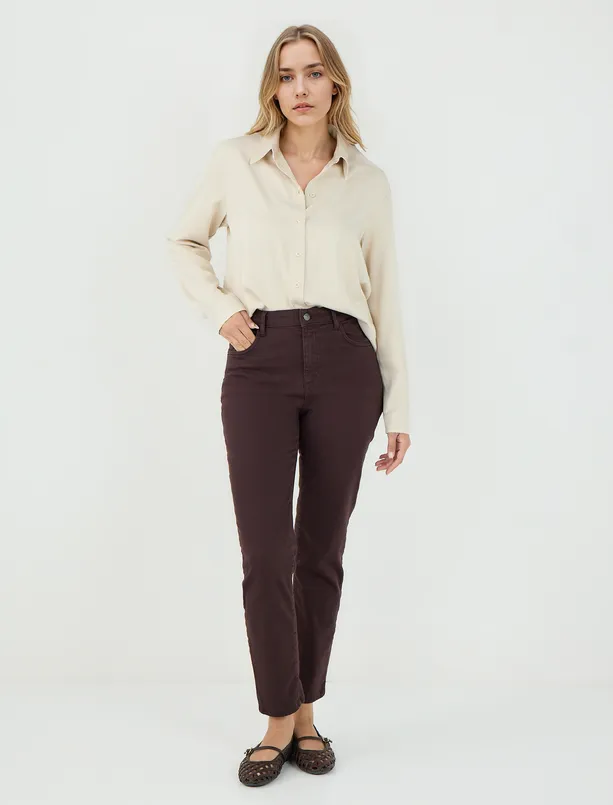 Women Brown High Waist Regular Leg Woven Pants