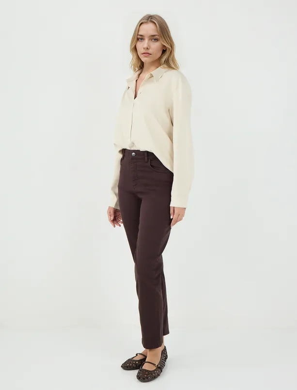 Women Brown High Waist Regular Leg Woven Pants