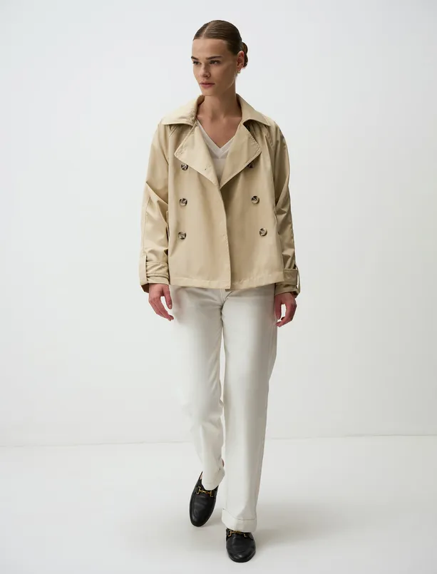 Women Beige Double-breasted Collar Long Sleeve Trench Coat
