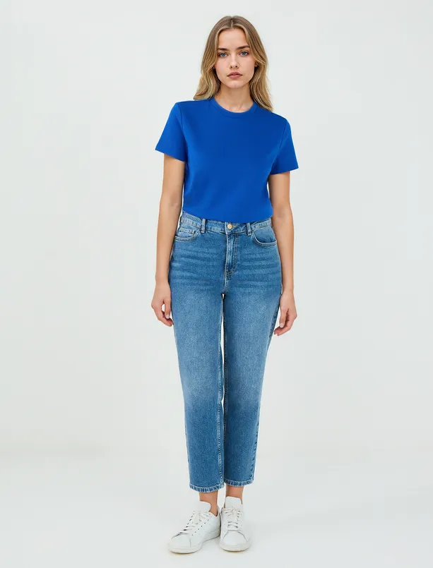 Women Dark Blue Crew Neck Basic Short Sleeve T-Shirt