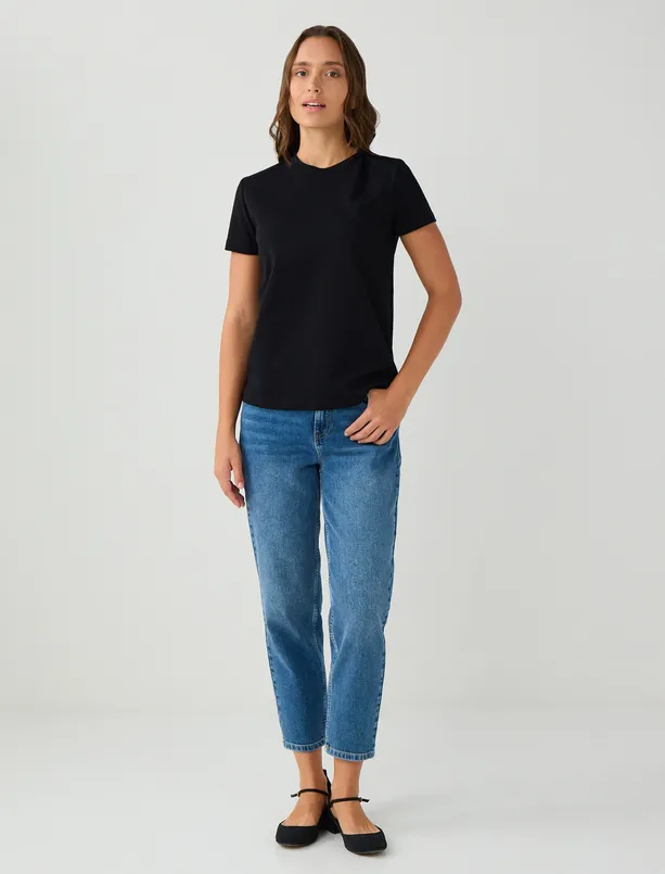 Women Black Crew Neck Basic Short Sleeve T-Shirt