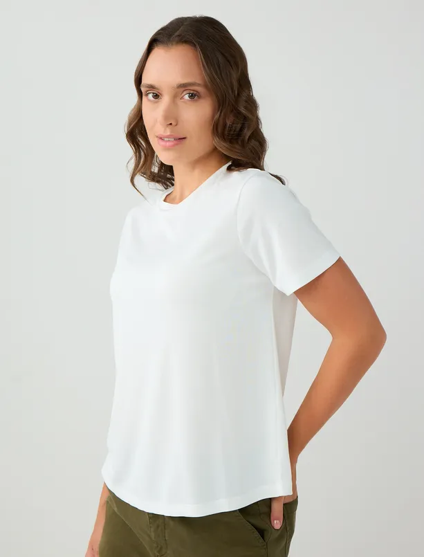 Women White Straight Cut Crew Neck Short Sleeve Basic T-Shirt