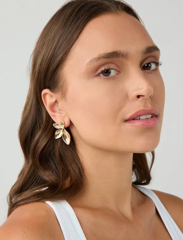 Women Yellow Modern Earrings with Shiny Leaf Figures