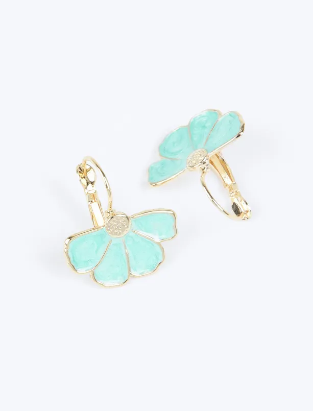 Women Green Minimal Earrings with Flower Figured Enamel Detail