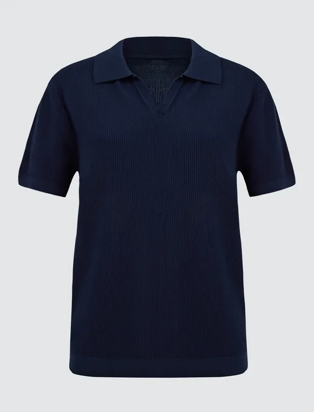 Women Dark Blue Short Sleeve Polo Collar Mens Sweater T-Shirt