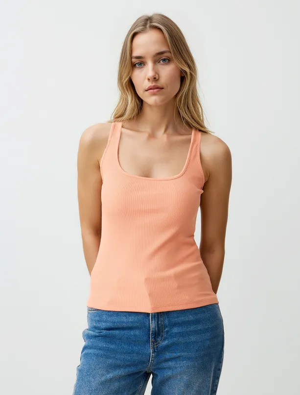 Women Orange U-Neck Slim Fit Tank Top