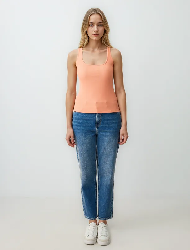Women Orange U-Neck Slim Fit Tank Top