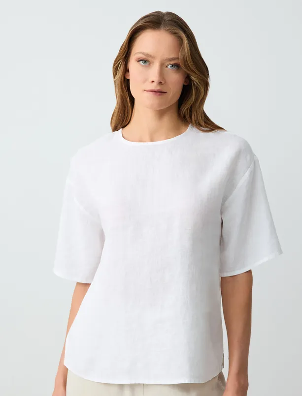 Women White Relaxed Fit Short Sleeve Crew-Neck Linen Blouse