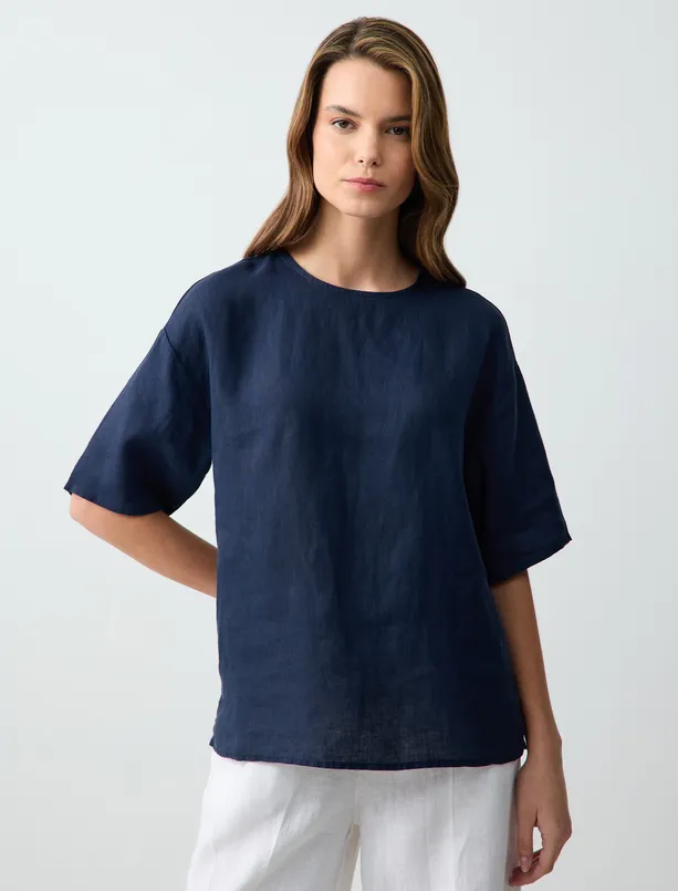 Women Dark Blue Relaxed Fit Short Sleeve Crew-Neck Linen Blouse