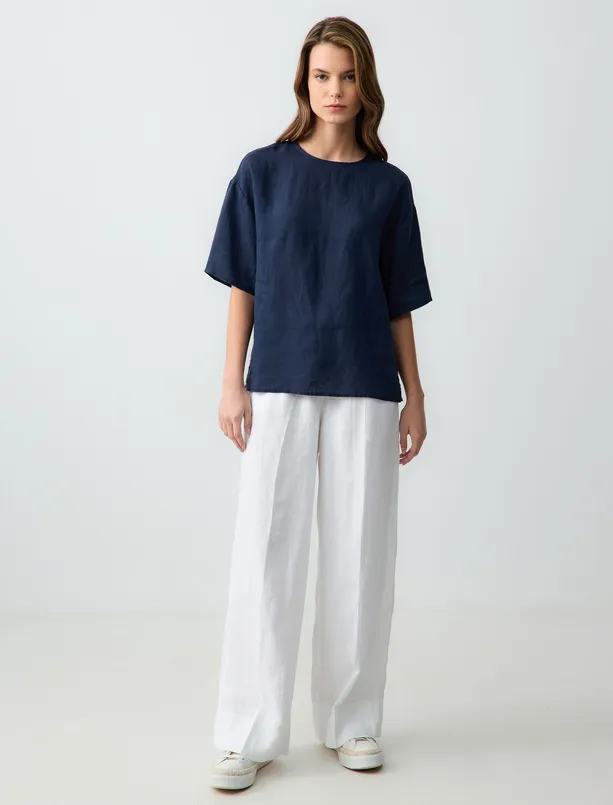 Women Dark Blue Relaxed Fit Short Sleeve Crew-Neck Linen Blouse