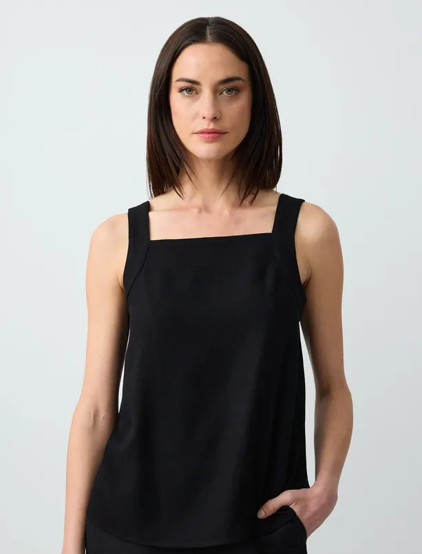 Women Black Relaxed Fit Square Neck Sleeveless Linen Blouse