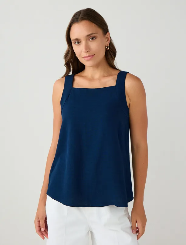Women Dark Blue Relaxed Fit Square Neck Sleeveless Linen Blend Blouse