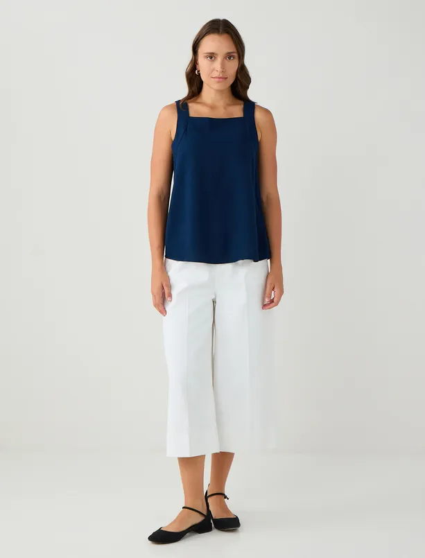 Women Dark Blue Relaxed Fit Square Neck Sleeveless Linen Blend Blouse