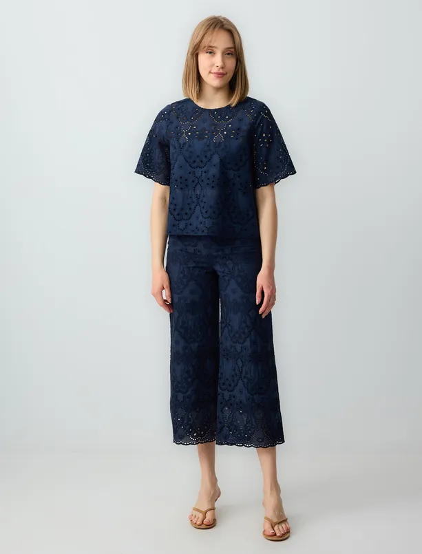 Women Dark Blue 100% Cotton Relaxed Fit Openwork Round Neck Blouse