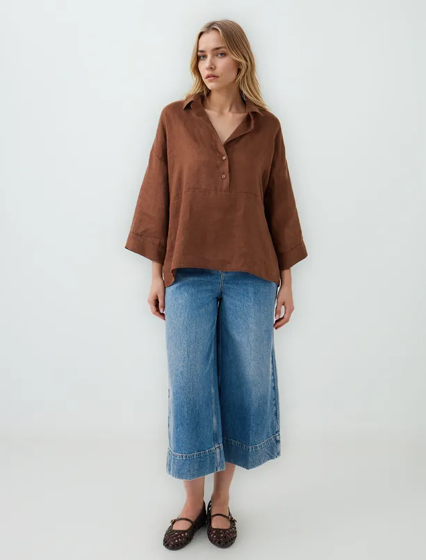 Women Brown 100% Linen Relaxed Fit Trouser Sleeve Shirt Collar Blouse