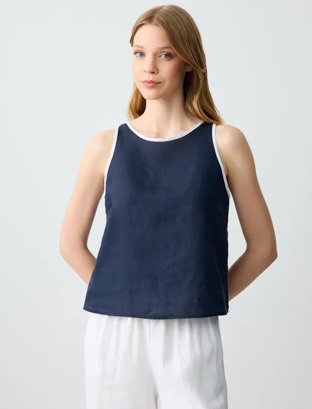 Women Dark Blue Round Neck Straight Cut Sleeveless Linen Blouse