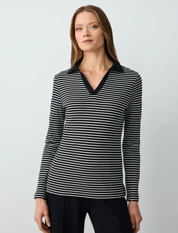 Women Black Polo Collar Long Sleeve Striped Knitted Blouse