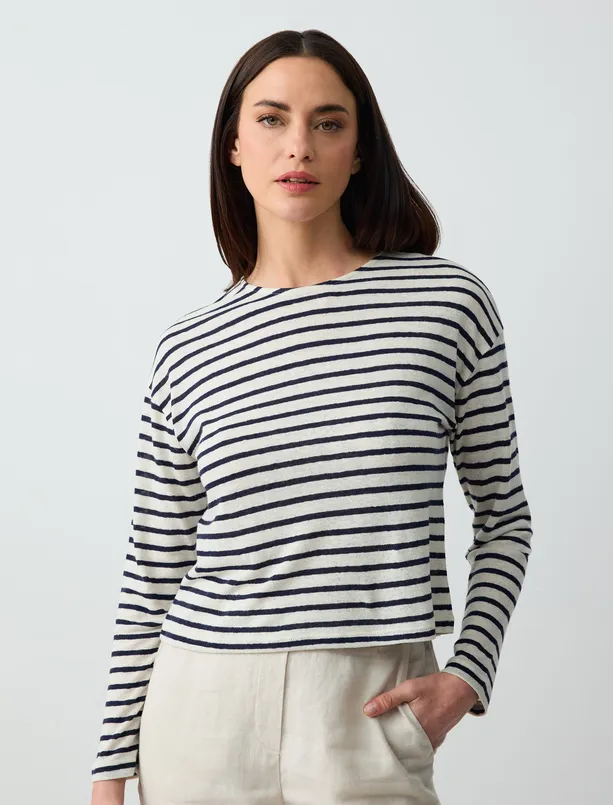 Women Ecru Crew Neck Long Sleeve Line Patterned Linen Knitted T-Shirt