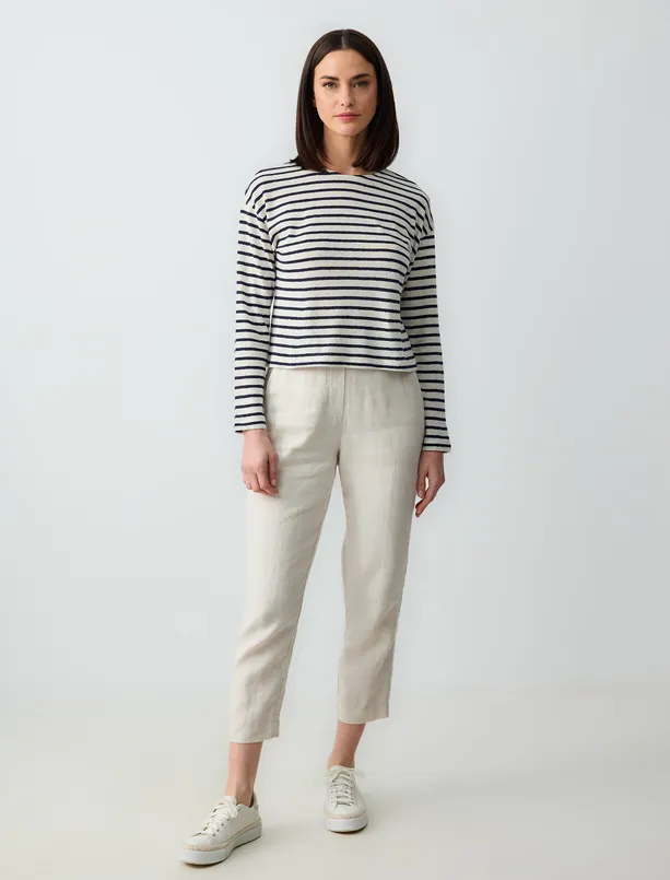 Women Ecru Crew Neck Long Sleeve Line Patterned Linen Knitted T-Shirt