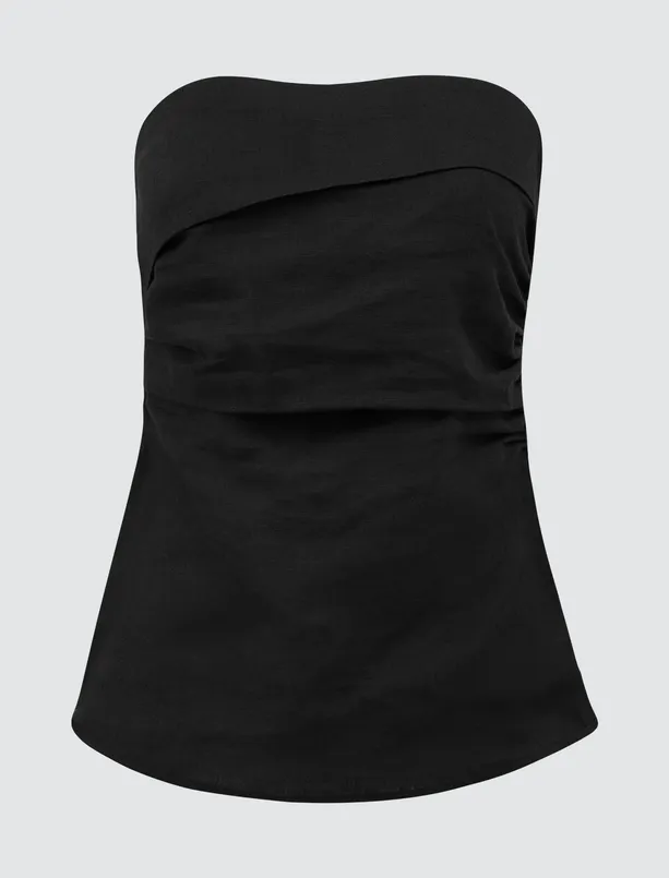 Women Black Slim Fit Strapless Linen Blouse