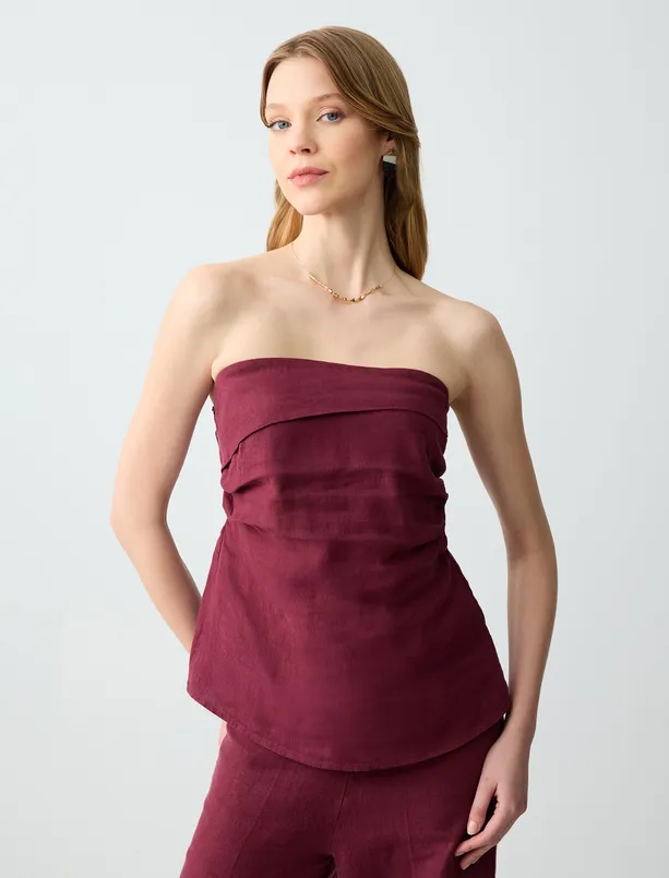 Women Claret Red Slim Fit Strapless Linen Blouse